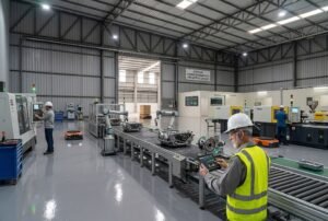 Engenheiro inspecionando dados em um tablet industrial em uma linha de produção automatizada com robôs e tornos CNC, representando a aplicação da Manutenção Industrial preditiva em uma fábrica de alta tecnologia.