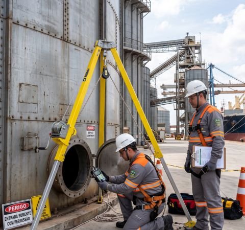 Equipe de engenharia da Emkorp preparando entrada em espaço confinado com tripé de resgate e medição de gases em um silo metálico de terminal portuário no litoral de Santa Catarina.