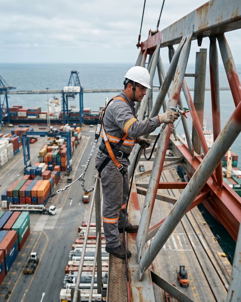 Técnico da Emkorp executando pintura industrial anticorrosiva em grande altura na estrutura metálica de um guindaste, utilizando equipamento airless e cinto de segurança ancorado (NR-35), com terminal de contêineres e mar ao fundo no litoral de Santa Catarina.