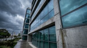 Fissura e infiltração em fachada de edifício, patologia comum na manutenção predial em condomínio comercial