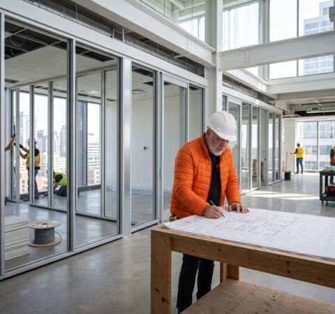 Sandro Kindermann, diretor da Emkorp, vestindo capacete branco e jaqueta laranja, analisando uma planta de engenharia durante o retrofit estrutural de um moderno escritório corporativo envidraçado.