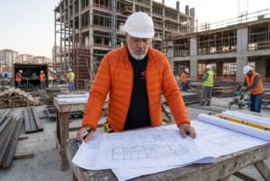 Um engenheiro de construção civil, usando jaqueta laranja e capacete branco, examina plantas arquitetônicas detalhadas em um canteiro de obras ativo, focando no planejamento e na supervisão de uma infraestrutura técnica complexa.