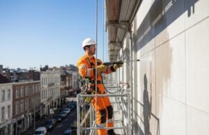 Profissional com capacete e cinto de segurança realizando manutenção predial com lavadora de alta pressão em um andaime suspenso na fachada de um edifício.