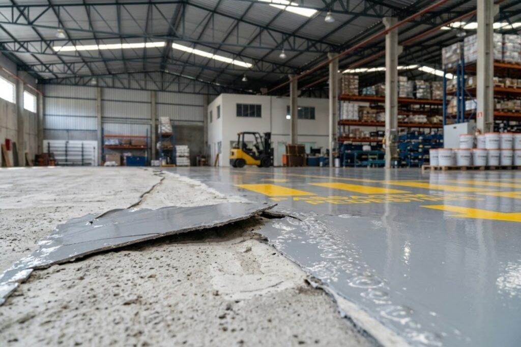 Por que o piso epóxi descola: detalhe de revestimento industrial cinza soltando em placas sobre contrapiso de concreto, com bolhas e empolamento visíveis, em galpão avaliado pela Emkorp em Joinville.