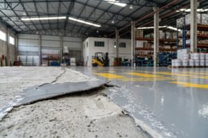 Por que o piso epóxi descola: detalhe de revestimento industrial cinza soltando em placas sobre contrapiso de concreto, com bolhas e empolamento visíveis, em galpão avaliado pela Emkorp em Joinville.