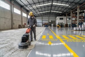 Quanto custa piso epóxi industrial: galpão em obra com metade da área revestida em cinza brilhante com demarcação amarela e metade em concreto bruto sendo preparado com politriz diamantada pela Emkorp em Joinville.