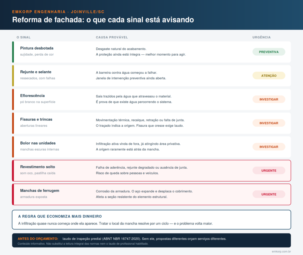 Infográfico de reforma de fachada mostrando os sinais de patologia — fissura, eflorescência, descolamento de revestimento e corrosão de armadura — com a causa provável e o nível de urgência de cada um.