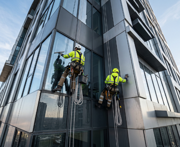 Dois técnicos de alpinismo industrial da Emkorp executando limpeza segura em fachada de vidro e ACM de um prédio comercial, utilizando cordas, cadeirinhas e EPIs completos (NR-35) em Joinville.