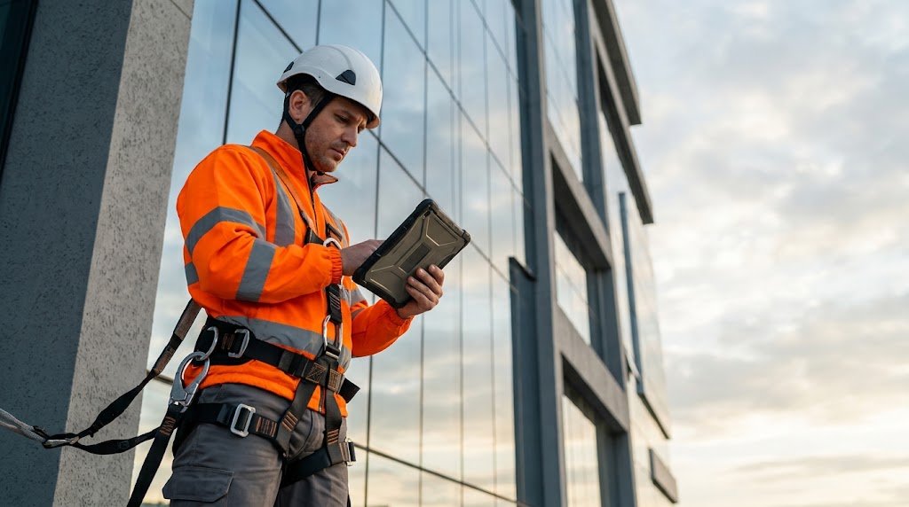 Técnico com capacete e cinto de segurança realizando manutenção predial na fachada de um edifício comercial em Joinville
